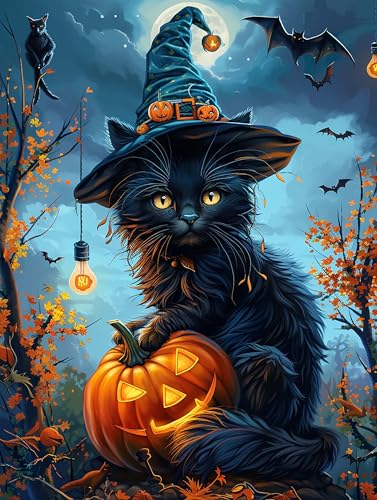 Hoobee 5D DIY Diamond Painting Halloween, Diamond Painting Bilder Schwarze Katze, Diamond Painting Erwachsene, Vollbohrer Stickerei Kreuzstich Kunst Handwerk für Zuhause Wanddekoration 30x40 cm-2 von Hoobee