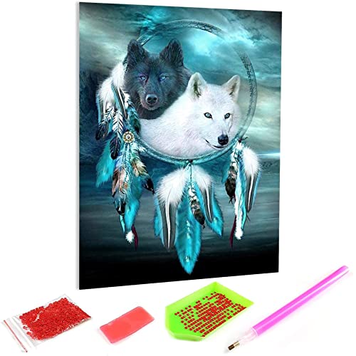 Hoobee 5D Diamond Painting DIY Set Traumfänger Wolf, Diamond Painting Bilder Tier, Vollbohrer Stickerei Kreuzstich Kunst Handwerk für Zuhause Wanddekoration (30×40 cm) von Hoobee