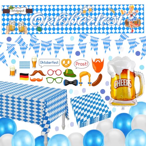 Oktoberfest Deko Set Dekoration, Hook Wiesn Deko Oktoberfest Party Bayern Deko 10 Meter Bayrische Girlande + Oktoberfest Tischdecke + 17 Stück Fotorequisitten + XXL Oktoberfest Banner von Hook