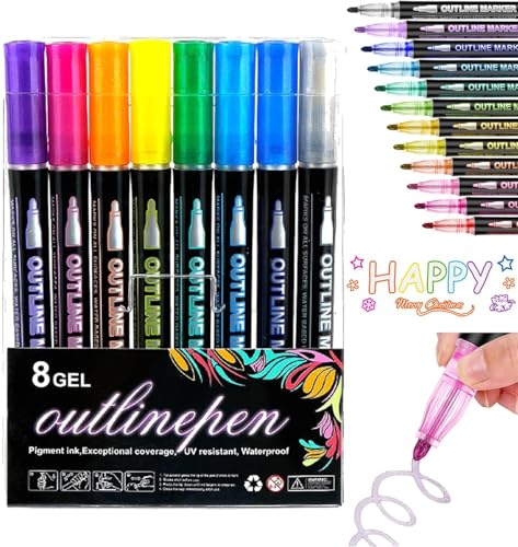 Hooneme Datumdeem Outliner Pen, Dual-Line Contour Pen, Outliner Pens Metallic Marker, Coloring Lightstick Graffiti Pen, Shimmer Double-Line Drawing Doodle Outline Markers von Hooneme