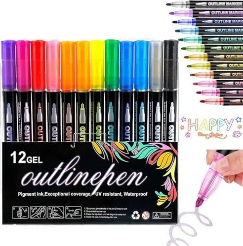 Hooneme Datumdeem Outliner Pen, Dual-Line Contour Pen, Outliner Pens Metallic Marker, Coloring Lightstick Graffiti Pen, Shimmer Double-Line Drawing Doodle Outline Markers von Hooneme