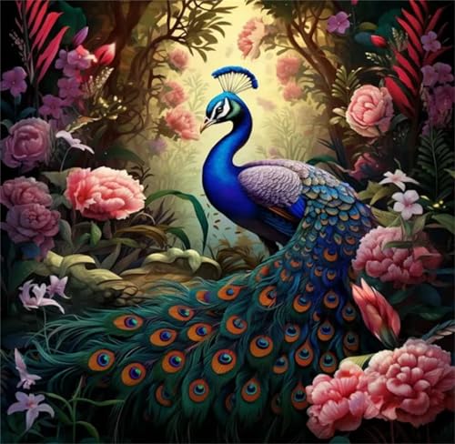 Hoonjiin Blumen-Pfau Diamond Painting,5D DIY Landschaft Diamant Painting Bilder,Diamond Painting Set für Erwachsene,für Geschenk Zuhause Wanddekoration Square Drill - 50x50cm von Hoonjiin