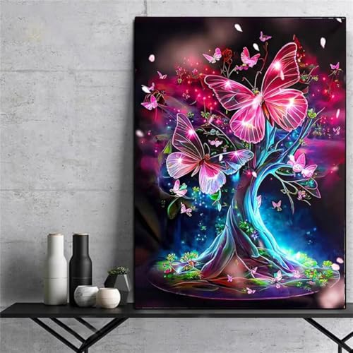 Hoonjiin Fantasielandschaft Diamond Painting,5D DIY Rosa Schmetterling Diamant Painting Bilder,Diamond Painting Set für Erwachsene,für Geschenk Zuhause Wanddekoration Square Drill - 40x70cm von Hoonjiin