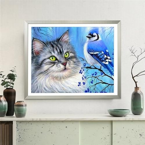 Hoonjiin Katze Diamond Painting Erwachsene,5D Blauer Vogel DIY Diamant Painting Bilder,Full Round Drill Diamant Malerei Set Wanddekoration - 20x50cm von Hoonjiin