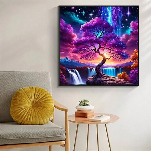 Hoonjiin Lila Baum Diamond Painting,5D DIY Landschaft Wasserfall Diamant Painting Bilder,Diamond Painting Set für Erwachsene,für Geschenk Zuhause Wanddekoration Square Drill - 100x100cm von Hoonjiin