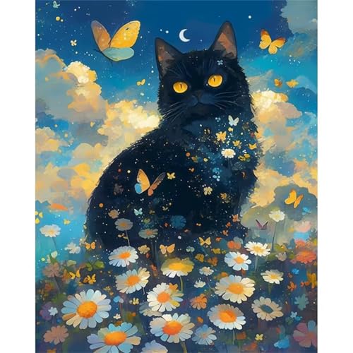 Hoonjiin Malen Nach Zahlen Erwachsene,Anime Anfänger Acrylfarben Paint by Numbers,Schwarze Katze Handgemalt Ölgemälde Leinwand Kits Als Geschenk für Wanddeko 55x70cm(Mit Rahmen) von Hoonjiin