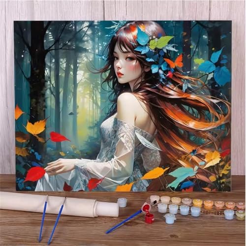 Hoonjiin Malen Nach Zahlen Erwachsene,Anime-Mädchen Anfänger Acrylfarben Paint by Numbers,Wald Handgemalt Ölgemälde Leinwand Kits Als Geschenk für Wanddeko 55x70cm(Mit Rahmen) von Hoonjiin