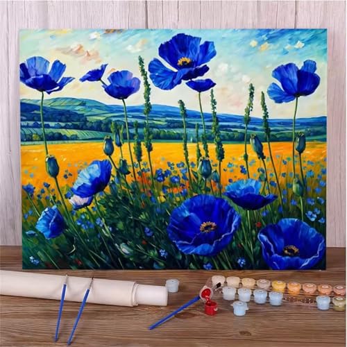 Hoonjiin Malen Nach Zahlen Erwachsene,Blauer Mohn Anfänger Acrylfarben Paint by Numbers,Feld Handgemalt Ölgemälde Leinwand Kits Als Geschenk für Wanddeko 60x75cm(Mit Rahmen) von Hoonjiin