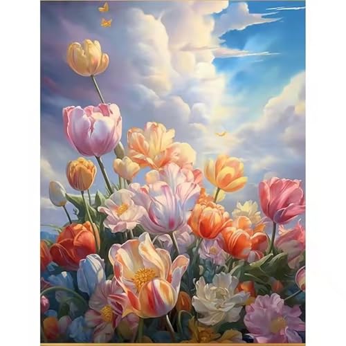 Hoonjiin Malen Nach Zahlen Erwachsene,Bunte Tulpen Anfänger Acrylfarben Paint by Numbers,Himmel Handgemalt Ölgemälde Leinwand Kits Als Geschenk für Wanddeko 60x75cm(Mit Rahmen) von Hoonjiin