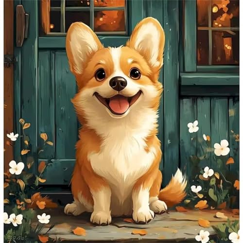 Hoonjiin Malen Nach Zahlen Erwachsene,Corgi-Blumen Anfänger Acrylfarben Paint by Numbers,Tür Handgemalt Ölgemälde Leinwand Kits Als Geschenk für Wanddeko 30x40cm(Mit Rahmen) von Hoonjiin