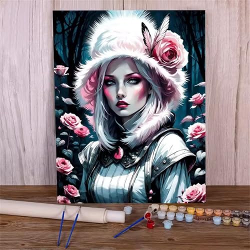 Hoonjiin Malen Nach Zahlen Erwachsene,DIY Frau Rosa Rosen Acrylfarbe Malen Nach Zahlen AnfäNger Set,45x60cm（Ohne Rahmen） von Hoonjiin