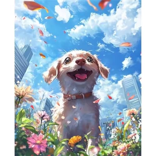 Hoonjiin Malen Nach Zahlen Erwachsene,DIY Hund Blume Stadt Acrylfarbe Malen Nach Zahlen AnfäNger Set,30x40cm（Ohne Rahmen） von Hoonjiin