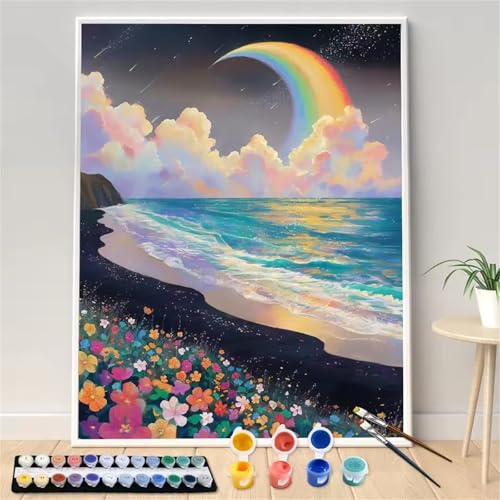 Hoonjiin Malen Nach Zahlen Erwachsene,DIY Regenbogenmond Seelandschaft Acrylfarbe Malen Nach Zahlen AnfäNger Set,30x40cm（Ohne Rahmen） von Hoonjiin