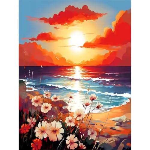 Hoonjiin Malen Nach Zahlen Erwachsene,DIY Sonnenuntergang Blumen Strand Acrylfarbe Malen Nach Zahlen AnfäNger Set,30x40cm（Ohne Rahmen） von Hoonjiin