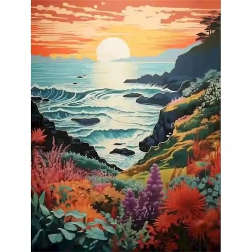 Hoonjiin Malen Nach Zahlen Erwachsene,DIY Sonnenuntergang Blumen am Meer Acrylfarbe Malen Nach Zahlen AnfäNger Set,40x50cm（Ohne Rahmen） von Hoonjiin