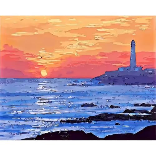 Hoonjiin Malen Nach Zahlen Erwachsene,DIY Sonnenuntergang Leuchtturm Acrylfarbe Malen Nach Zahlen AnfäNger Set,50x65cm（Ohne Rahmen） von Hoonjiin