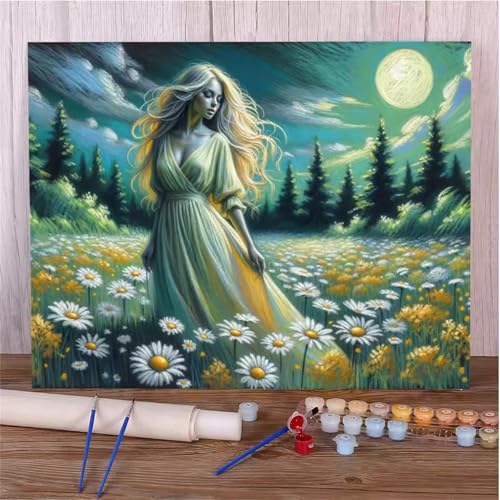 Hoonjiin Malen Nach Zahlen Erwachsene,Frau Anfänger Acrylfarben Paint by Numbers,Gänseblümchen-Mond Handgemalt Ölgemälde Leinwand Kits Als Geschenk für Wanddeko 50x65cm(Mit Rahmen) von Hoonjiin