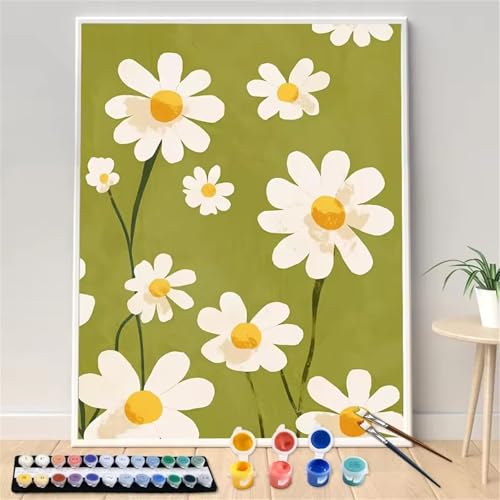 Hoonjiin Malen Nach Zahlen Erwachsene,Grüner Hintergrund Anfänger Acrylfarben Paint by Numbers,Blume Handgemalt Ölgemälde Leinwand Kits Als Geschenk für Wanddeko 55x70cm(Mit Rahmen) von Hoonjiin