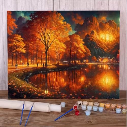 Hoonjiin Malen Nach Zahlen Erwachsene,Herbstbaum Anfänger Acrylfarben Paint by Numbers,Landschaft Handgemalt Ölgemälde Leinwand Kits Als Geschenk für Wanddeko 30x55cm(Mit Rahmen) von Hoonjiin