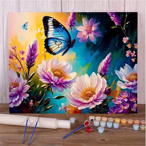 Hoonjiin Malen Nach Zahlen Erwachsene,Lila Blumen Anfänger Acrylfarben Paint by Numbers,Schmetterling Handgemalt Ölgemälde Leinwand Kits Als Geschenk für Wanddeko 30x55cm(Mit Rahmen) von Hoonjiin