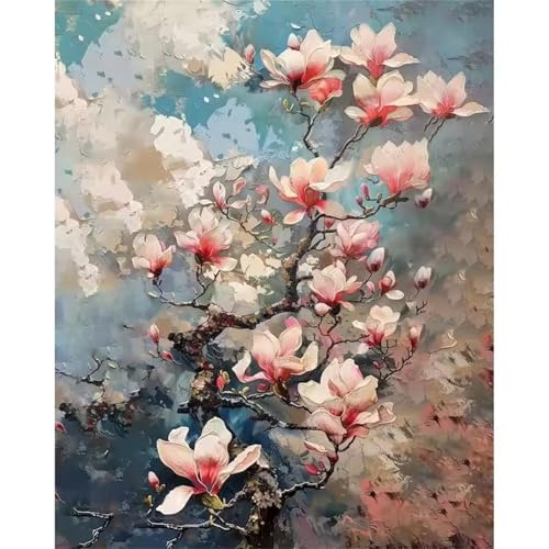 Hoonjiin Malen Nach Zahlen Erwachsene,Magnolie Anfänger Acrylfarben Paint by Numbers,Blumen Handgemalt Ölgemälde Leinwand Kits Als Geschenk für Wanddeko 60x75cm(Mit Rahmen) von Hoonjiin