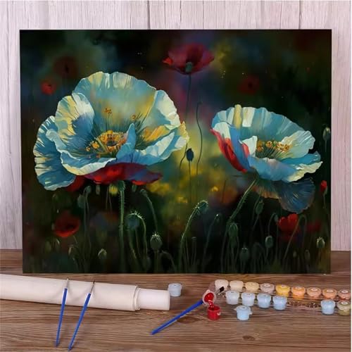 Hoonjiin Malen Nach Zahlen Erwachsene,Mohn Anfänger Acrylfarben Paint by Numbers,Weiße Blume Handgemalt Ölgemälde Leinwand Kits Als Geschenk für Wanddeko 30x40cm(Mit Rahmen) von Hoonjiin