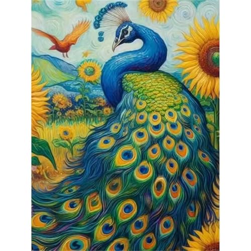 Hoonjiin Malen Nach Zahlen Erwachsene,Pfau Anfänger Acrylfarben Paint by Numbers,Sonnenblumen Handgemalt Ölgemälde Leinwand Kits Als Geschenk für Wanddeko 55x70cm(Mit Rahmen) von Hoonjiin