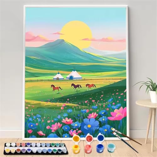 Hoonjiin Malen Nach Zahlen Erwachsene,Prärie Anfänger Acrylfarben Paint by Numbers,Sonne Handgemalt Ölgemälde Leinwand Kits Als Geschenk für Wanddeko 55x70cm(Mit Rahmen) von Hoonjiin