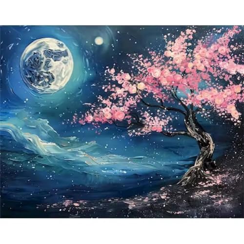 Hoonjiin Malen Nach Zahlen Erwachsene,Rosa Baum Anfänger Acrylfarben Paint by Numbers,Mond Handgemalt Ölgemälde Leinwand Kits Als Geschenk für Wanddeko 40x50cm(Mit Rahmen) von Hoonjiin