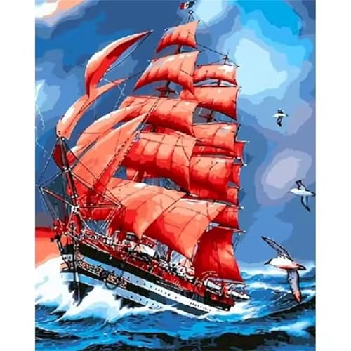 Hoonjiin Malen Nach Zahlen Erwachsene,Rotes Segelboot Anfänger Acrylfarben Paint by Numbers,Wellen Handgemalt Ölgemälde Leinwand Kits Als Geschenk für Wanddeko 45x60cm(Mit Rahmen) von Hoonjiin