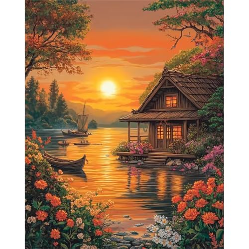 Hoonjiin Malen Nach Zahlen Erwachsene,Sonnenuntergang Anfänger Acrylfarben Paint by Numbers,Chalet Handgemalt Ölgemälde Leinwand Kits Als Geschenk für Wanddeko 50x65cm(Mit Rahmen) von Hoonjiin