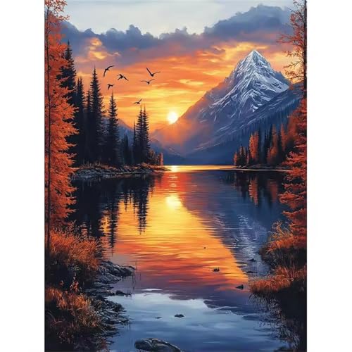 Hoonjiin Malen Nach Zahlen Erwachsene,Sonnenuntergang Anfänger Acrylfarben Paint by Numbers,Wald Handgemalt Ölgemälde Leinwand Kits Als Geschenk für Wanddeko 55x70cm(Mit Rahmen) von Hoonjiin