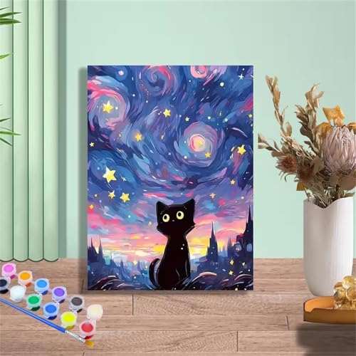 Hoonjiin Malen Nach Zahlen Erwachsene,Sternennacht Anfänger Acrylfarben Paint by Numbers,Katze Handgemalt Ölgemälde Leinwand Kits Als Geschenk für Wanddeko 40x50cm(Mit Rahmen) von Hoonjiin