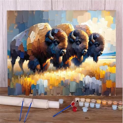 Hoonjiin Malen Nach Zahlen Erwachsene,Tiere Anfänger Acrylfarben Paint by Numbers,Büffel Handgemalt Ölgemälde Leinwand Kits Als Geschenk für Wanddeko 60x75cm(Mit Rahmen) von Hoonjiin