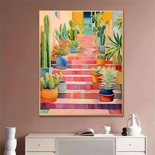 Hoonjiin Malen Nach Zahlen Erwachsene,Treppe Anfänger Acrylfarben Paint by Numbers,Kaktus Handgemalt Ölgemälde Leinwand Kits Als Geschenk für Wanddeko 30x55cm(Mit Rahmen) von Hoonjiin