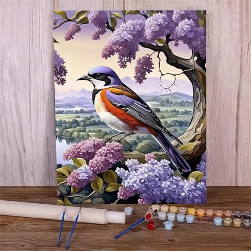 Hoonjiin Malen Nach Zahlen Erwachsene,Vogel Anfänger Acrylfarben Paint by Numbers,Lila Blume Handgemalt Ölgemälde Leinwand Kits Als Geschenk für Wanddeko 30x40cm(Mit Rahmen) von Hoonjiin