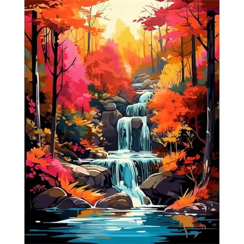 Hoonjiin Malen Nach Zahlen Erwachsene,Wasserfall Anfänger Acrylfarben Paint by Numbers,Wald Handgemalt Ölgemälde Leinwand Kits Als Geschenk für Wanddeko 60x75cm(Mit Rahmen) von Hoonjiin