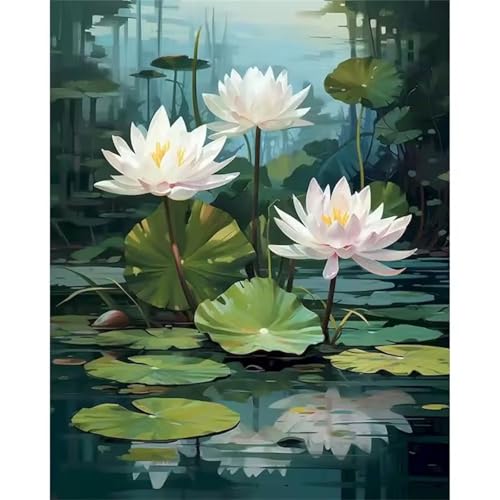 Hoonjiin Malen Nach Zahlen Erwachsene,Weißer Lotus Anfänger Acrylfarben Paint by Numbers,Blätter Handgemalt Ölgemälde Leinwand Kits Als Geschenk für Wanddeko 30x40cm(Mit Rahmen) von Hoonjiin