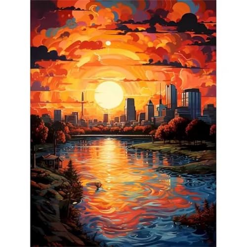 Hoonjiin Malen Nach Zahlen Erwachsene,Wunderschöner Sonnenuntergang Anfänger Acrylfarben Paint by Numbers,Stadt Handgemalt Ölgemälde Leinwand Kits Als Geschenk für Wanddeko 55x70cm(Mit Rahmen) von Hoonjiin