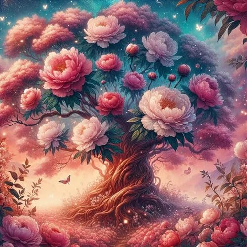 Hoonjiin Pfingstrosenbaum Diamond Painting,5D DIY Landschaft Diamant Painting Bilder,Diamond Painting Set für Erwachsene,für Geschenk Zuhause Wanddekoration - Square Drill,100x100cm von Hoonjiin