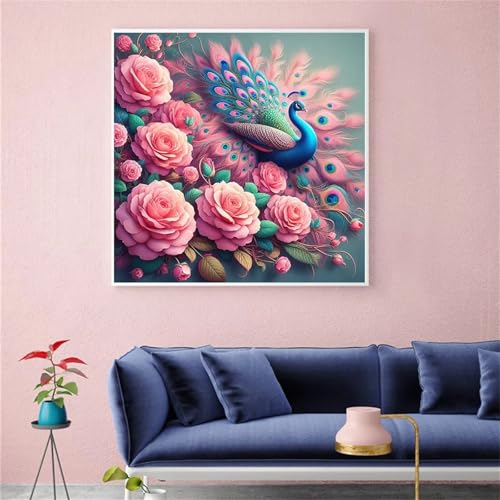 Hoonjiin Rosa Blume Diamond Painting,5D DIY Tier Pfau Diamant Painting Bilder,Diamond Painting Set für Erwachsene,für Geschenk Zuhause Wanddekoration Square Drill - 50x50cm von Hoonjiin