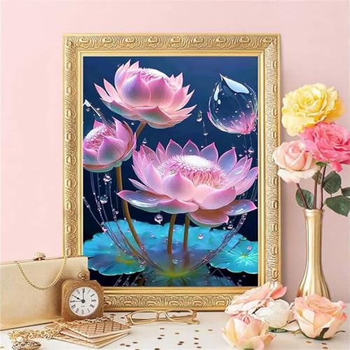 Hoonjiin Rosa Lotus Diamond Painting,5D DIY Anlage Diamant Painting Bilder,Diamond Painting Set für Erwachsene,für Geschenk Zuhause Wanddekoration Square Drill - 50x80cm von Hoonjiin