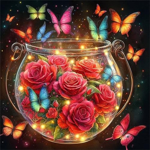 Hoonjiin Rosen-Schmetterling Diamond Painting Erwachsene,5D Blume DIY Diamant Painting Bilder,Full Round Drill Diamant Malerei Set Wanddekoration - 70x70cm von Hoonjiin