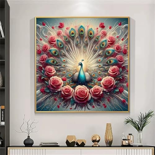 Hoonjiin Rosenpfau Diamond Painting,5D DIY Tier Diamant Painting Bilder,Diamond Painting Set für Erwachsene,für Geschenk Zuhause Wanddekoration Square Drill - 40x40cm von Hoonjiin