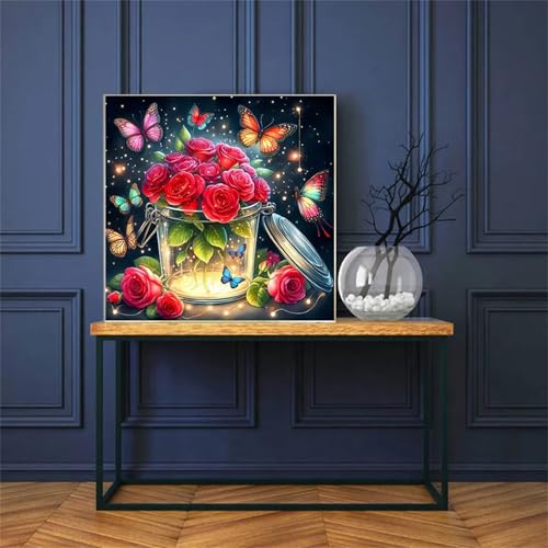 Hoonjiin Rote Rose Diamond Painting Erwachsene,5D Schmetterling DIY Diamant Painting Bilder,Full Round Drill Diamant Malerei Set Wanddekoration - 80x80cm von Hoonjiin