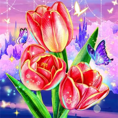 Hoonjiin Rote Tulpen Diamond Painting,5D DIY Schmetterling Diamant Painting Bilder,Diamond Painting Set für Erwachsene,für Geschenk Zuhause Wanddekoration - Square Drill,50x50cm von Hoonjiin