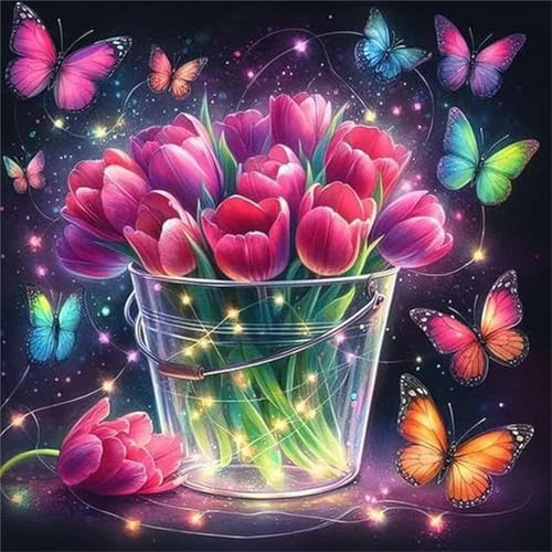 Hoonjiin Rote Tulpen Diamond Painting,5D DIY Schmetterlinge Diamant Painting Bilder,Diamond Painting Set für Erwachsene,für Geschenk Zuhause Wanddekoration Square Drill - 50x50cm von Hoonjiin