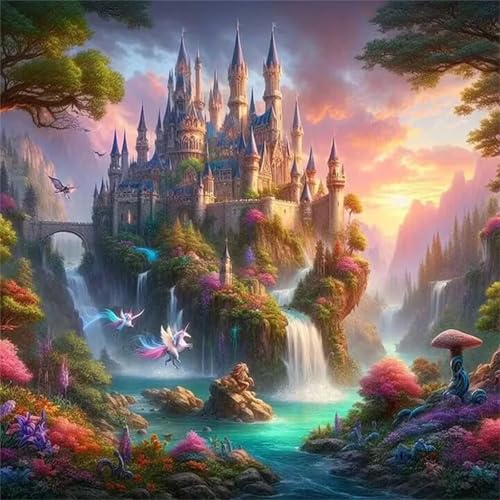 Hoonjiin Schloss Wasserfall Diamond Painting,5D DIY Landschaft Diamant Painting Bilder,Diamond Painting Set für Erwachsene,für Geschenk Zuhause Wanddekoration Square Drill - 30x30cm von Hoonjiin