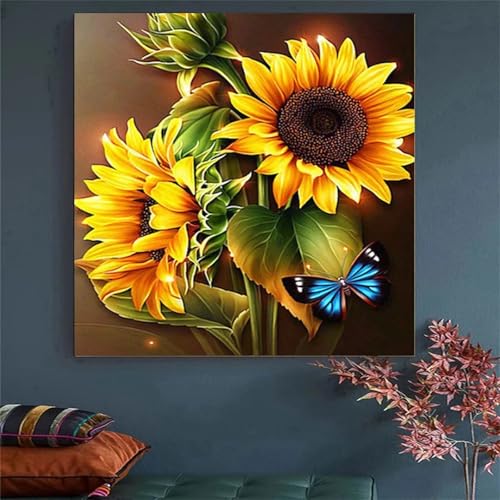 Hoonjiin Sonnenblume pflanzen Diamond Painting,5D DIY Schmetterling Diamant Painting Bilder,Diamond Painting Set für Erwachsene,für Geschenk Zuhause Wanddekoration Square Drill - 50x50cm von Hoonjiin