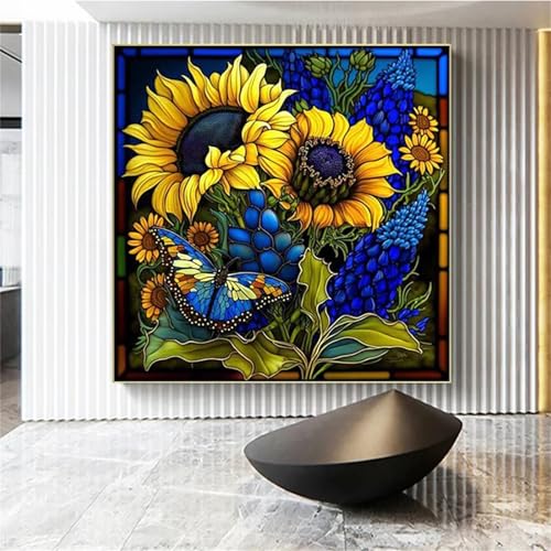 Hoonjiin Sonnenblumen-Schmetterling Diamond Painting,5D DIY Tier Diamant Painting Bilder,Diamond Painting Set für Erwachsene,für Geschenk Zuhause Wanddekoration - Square Drill,80x80cm von Hoonjiin